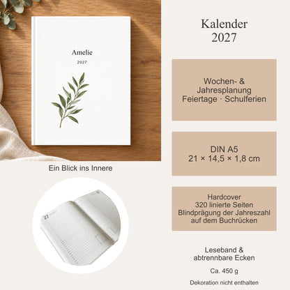 Terminplaner 2027 personalisiert mit Namen – Botanik & Monogramm, A5 Hardcover für Büro und Alltag, Modernes Weihnachtsgeschenk für Freundin