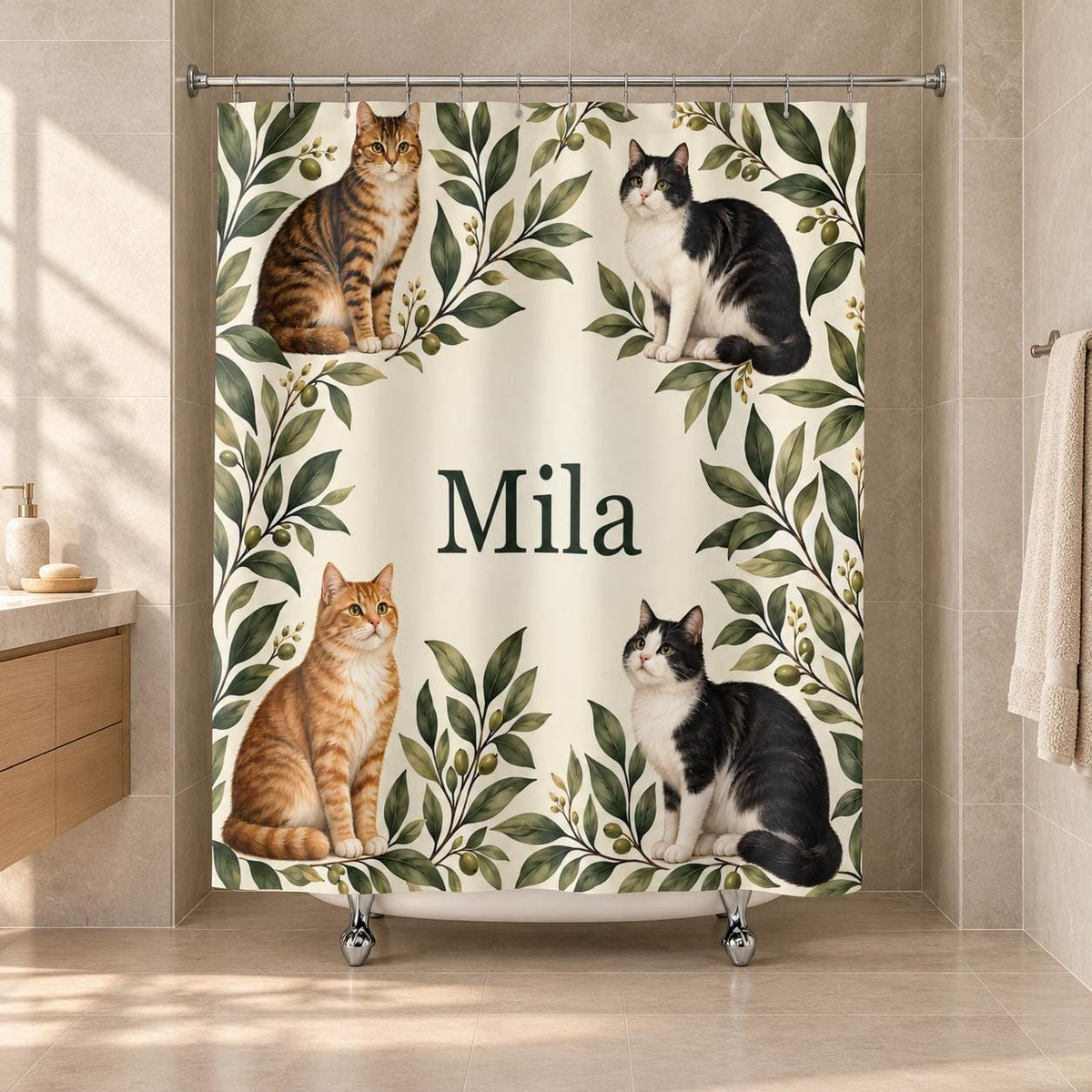 Katzen Duschvorhang personalisiert mit Name, Katzen und Blätter in Salbei und Creme, Badezimmer Deko, Geschenk für Katzenfans Badewanne