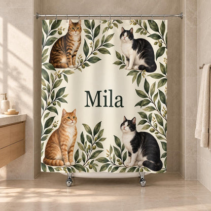 Katzen Duschvorhang personalisiert mit Name, Katzen und Blätter in Salbei und Creme, Badezimmer Deko, Geschenk für Katzenfans Badewanne