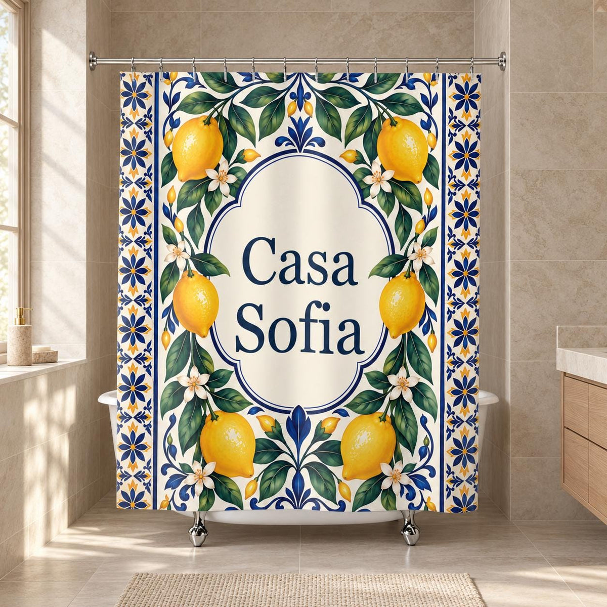 Zitronen Duschvorhang personalisiert mit Name, mediterranes Muster in Blau und Gelb, Badezimmer Deko, Geschenk zum Einzug Badewanne