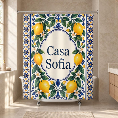 Zitronen Duschvorhang personalisiert mit Name, mediterranes Muster in Blau und Gelb, Badezimmer Deko, Geschenk zum Einzug Badewanne
