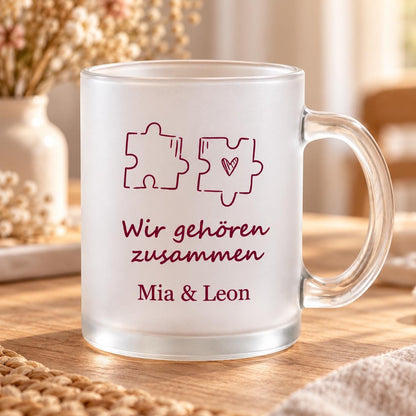 Puzzle Wir gehören zusammen Glastasse personalisiert, Glas satiniert, Teetasse, Glühweinbecher, Valentinstag Jahrestag Geburtstag Hochzeit