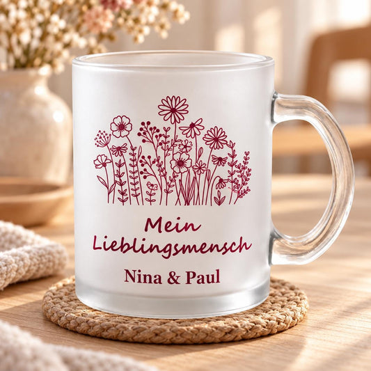 Mein Lieblingsmensch Blumen Glastasse personalisiert, Glas satiniert, Teetasse, Glühweinbecher, Valentinstag Jahrestag Geburtstag Hochzeit