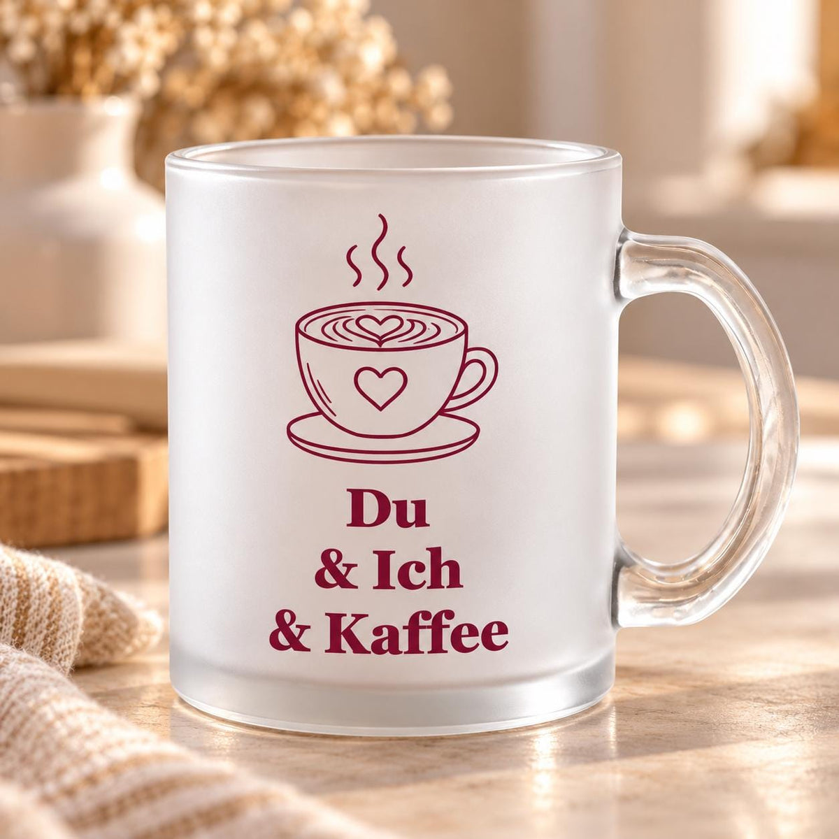 Du, ich und Kaffee Glastasse, satiniertes Glas 300 ml, Teetasse, Glühweinbecher, Geschenk Valentinstag Jahrestag Geburtstag Hochzeit