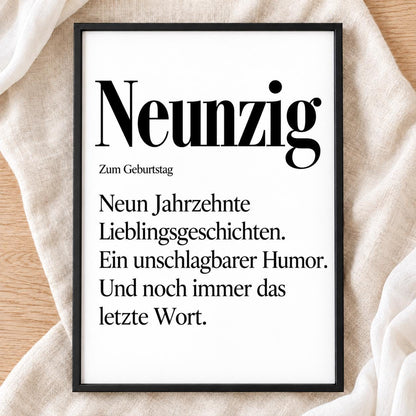 90. Geburtstag Poster personalisierbar | Neunzig Definition mit lustigem Spruch | Geschenk Frau Mann | Typografie Wandbild Wunschalter Druck