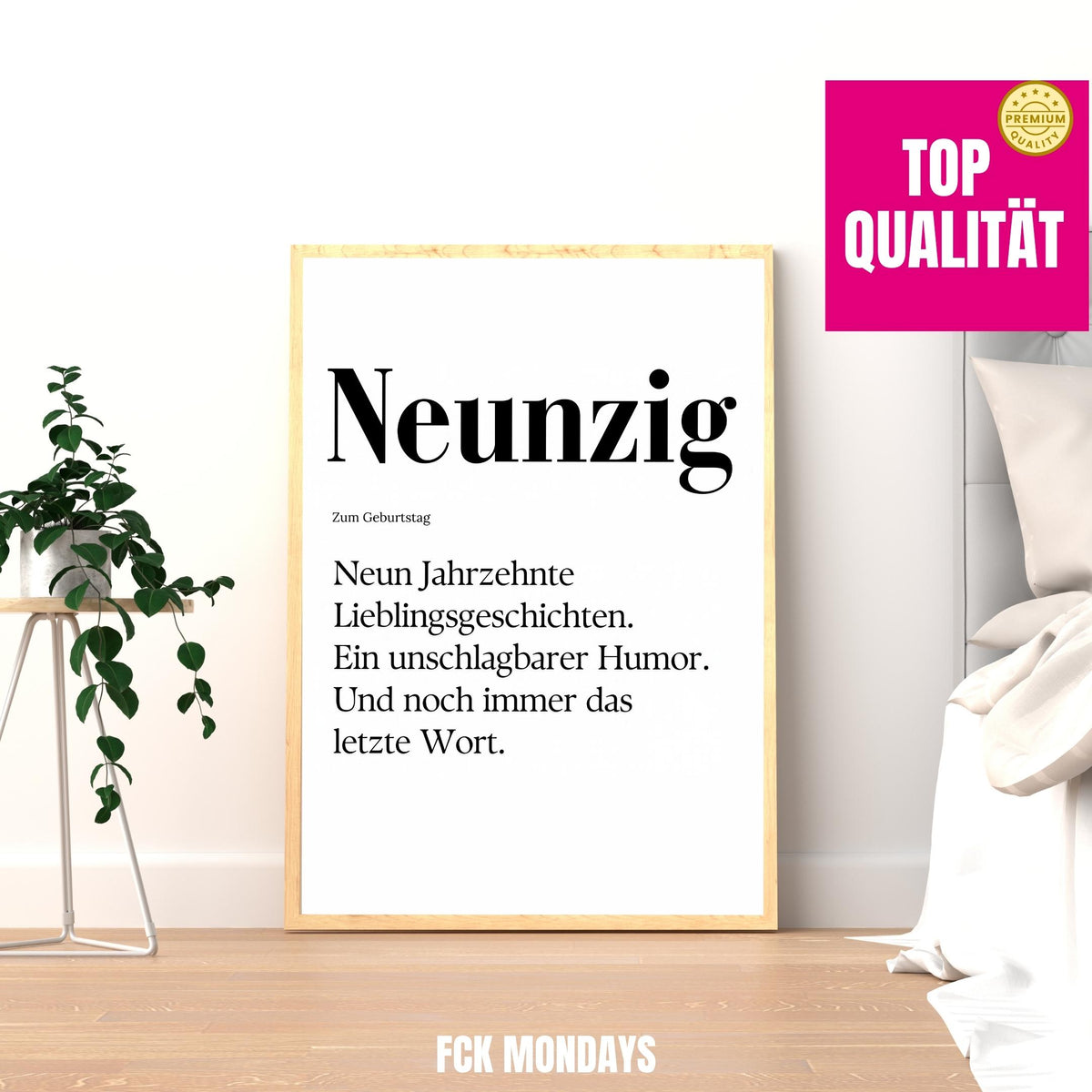 90. Geburtstag Poster personalisierbar | Neunzig Definition mit lustigem Spruch | Geschenk Frau Mann | Typografie Wandbild Wunschalter Druck