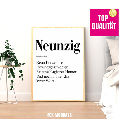 90. Geburtstag Poster personalisierbar | Neunzig Definition mit lustigem Spruch | Geschenk Frau Mann | Typografie Wandbild Wunschalter Druck