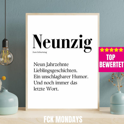 90. Geburtstag Poster personalisierbar | Neunzig Definition mit lustigem Spruch | Geschenk Frau Mann | Typografie Wandbild Wunschalter Druck
