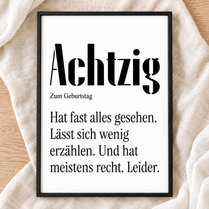 80. Geburtstag Poster personalisierbar | Achtzig Definition mit lustigem Spruch | Geschenk Frau Mann | Typografie Wandbild Wunschalter Druck