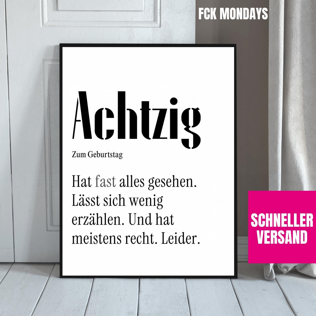 80. Geburtstag Poster personalisierbar | Achtzig Definition mit lustigem Spruch | Geschenk Frau Mann | Typografie Wandbild Wunschalter Druck