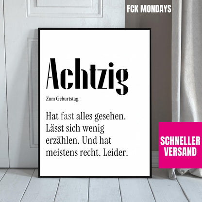 80. Geburtstag Poster personalisierbar | Achtzig Definition mit lustigem Spruch | Geschenk Frau Mann | Typografie Wandbild Wunschalter Druck