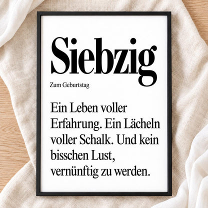 70. Geburtstag Poster personalisierbar | Siebzig Definition mit lustigem Spruch | Geschenk Frau Mann | Typografie Wandbild Wunschalter Druck