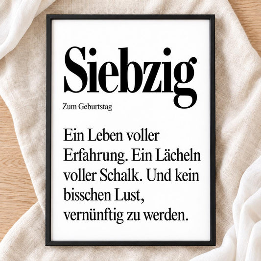 70. Geburtstag Poster personalisierbar | Siebzig Definition mit lustigem Spruch | Geschenk Frau Mann | Typografie Wandbild Wunschalter Druck