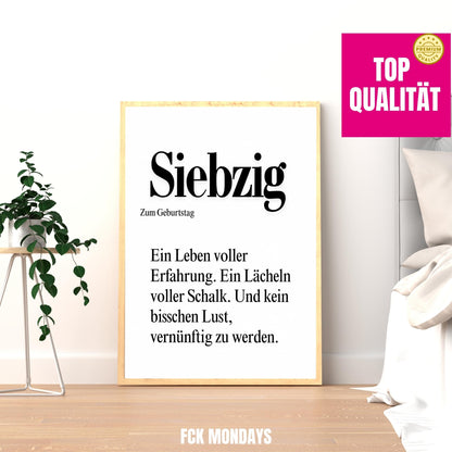 70. Geburtstag Poster personalisierbar | Siebzig Definition mit lustigem Spruch | Geschenk Frau Mann | Typografie Wandbild Wunschalter Druck
