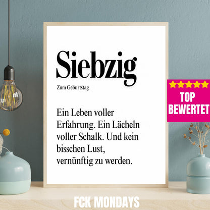 70. Geburtstag Poster personalisierbar | Siebzig Definition mit lustigem Spruch | Geschenk Frau Mann | Typografie Wandbild Wunschalter Druck