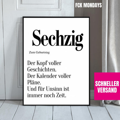 60. Geburtstag Poster personalisierbar | Sechzig Definition mit lustigem Spruch | Geschenk Frau Mann | Typografie Wandbild Wunschalter Druck