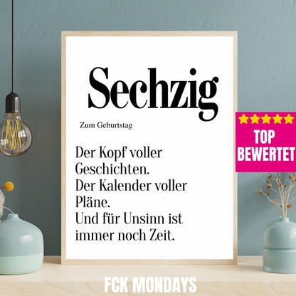 60. Geburtstag Poster personalisierbar | Sechzig Definition mit lustigem Spruch | Geschenk Frau Mann | Typografie Wandbild Wunschalter Druck