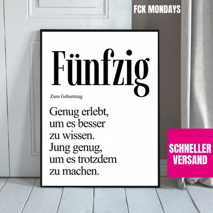 50. Geburtstag Poster personalisierbar | Fünfzig Definition mit lustigem Spruch | Geschenk Frau Mann | Typografie Wandbild Wunschalter Druck