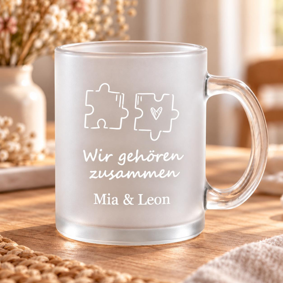 Puzzle Wir gehören zusammen Glastasse personalisiert, Glas satiniert, Teetasse, Glühweinbecher, Valentinstag Jahrestag Geburtstag Hochzeit