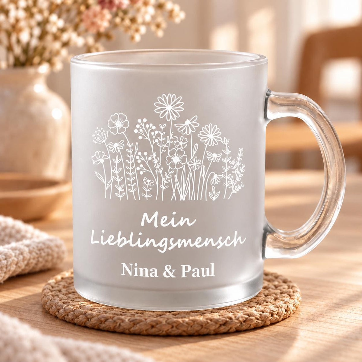Mein Lieblingsmensch Blumen Glastasse personalisiert, Glas satiniert, Teetasse, Glühweinbecher, Valentinstag Jahrestag Geburtstag Hochzeit