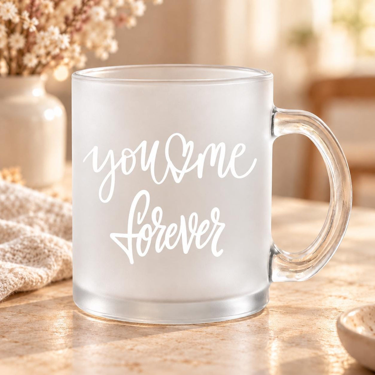 You & me forever Glastasse, satiniertes Glas 300 ml, Teetasse, Glühweinbecher, Geschenk Valentinstag Jahrestag Geburtstag Hochzeit