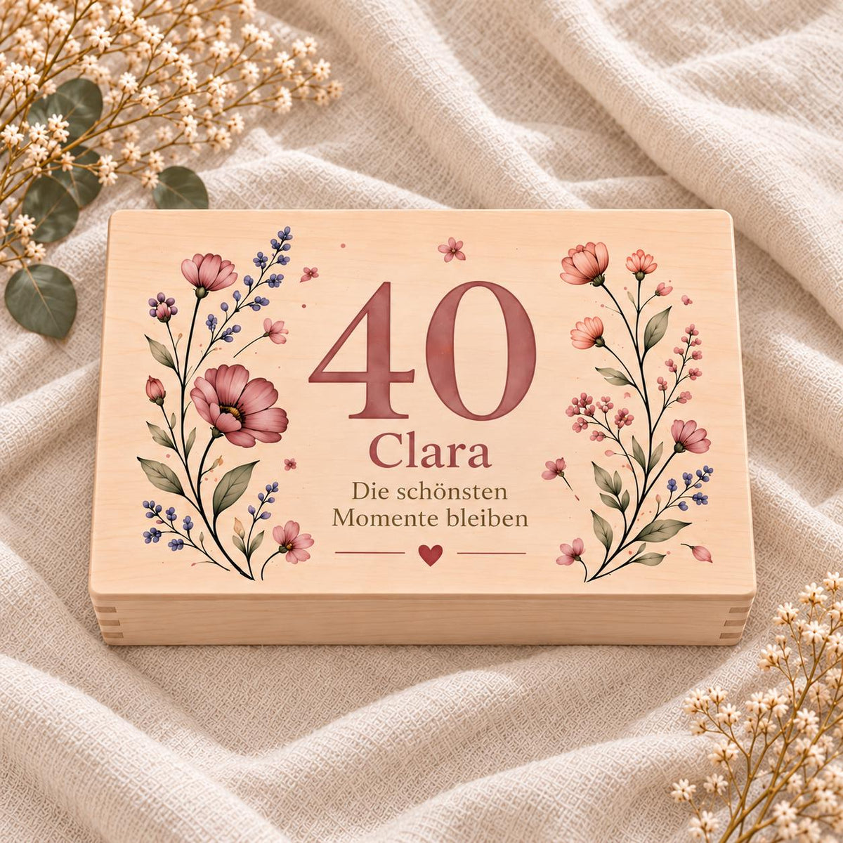 40. Geburtstag Erinnerungskiste personalisiert mit Namen | Holzbox Geschenk für Frauen | zarte Wildblumen | Geldgeschenk Mama Freundin