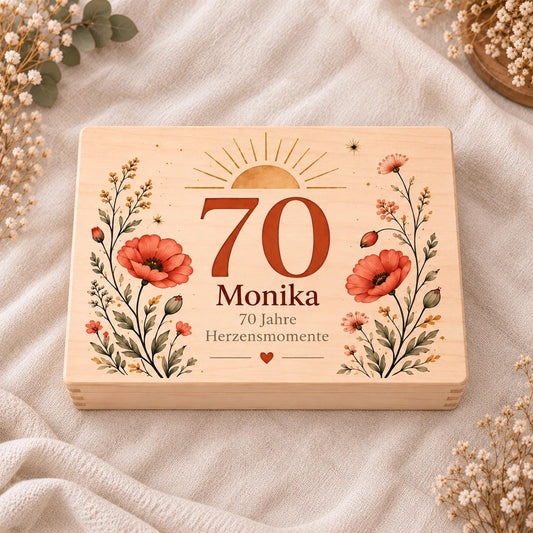 70. Geburtstag Erinnerungskiste personalisiert mit Namen | Holzbox Geschenk für Mama und Oma | Sonne und Mohnblumen | Geldgeschenk Garten