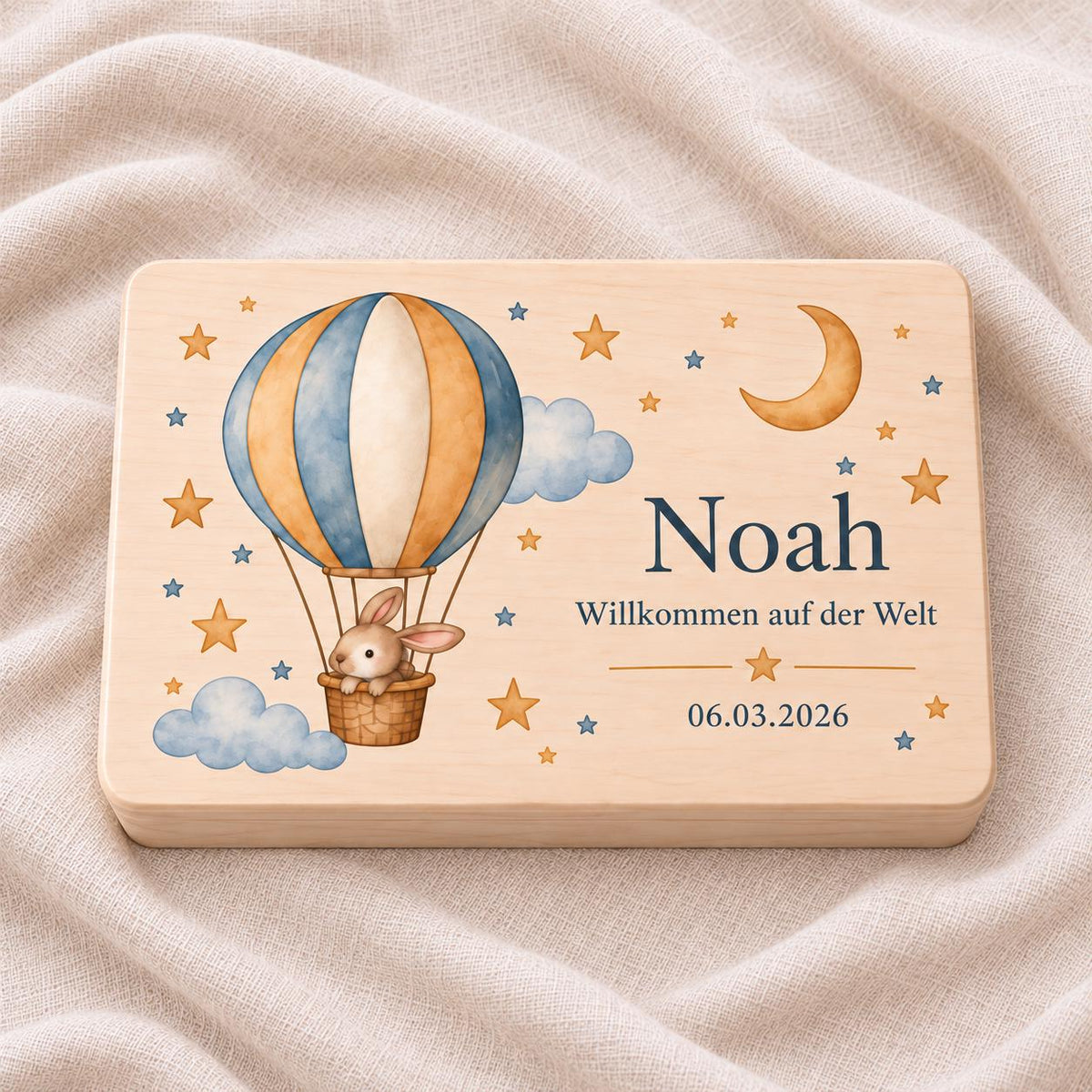 Geschenk zur Geburt für Baby Junge Mädchen | Personalisierte Erinnerungskiste mit Namen und Datum | Heißluftballon und Hase | Baby Holzbox