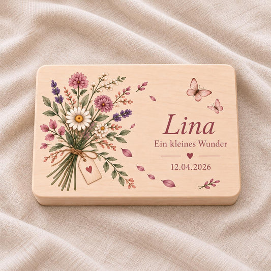 Geschenk zur Geburt für Baby Junge Mädchen | Personalisierte Erinnerungskiste mit Namen und Datum | Wildblumen | Holzbox Babygeschenk