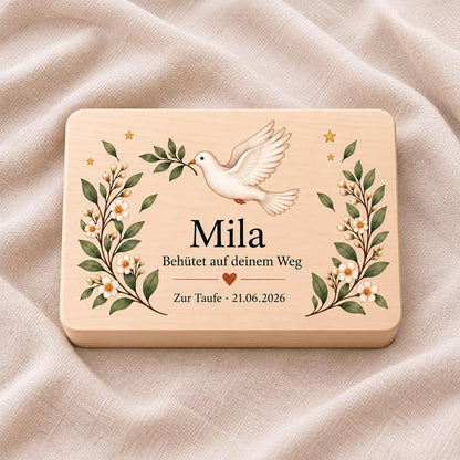 Taufgeschenk für Patenkind Junge Mädchen | Personalisierte Erinnerungskiste mit Namen und Datum | Taube und Olivenzweig | Holzbox von Paten