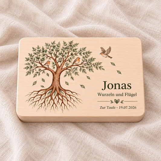 Taufgeschenk für Patenkind Junge Mädchen | Personalisierte Erinnerungskiste mit Namen und Datum | Lebensbaum | Holzbox Geschenk von Paten