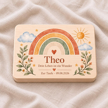 Taufgeschenk für Patenkind Junge Mädchen | Personalisierte Erinnerungskiste mit Namen und Datum | Regenbogen | Holzbox Geschenk zur Taufe