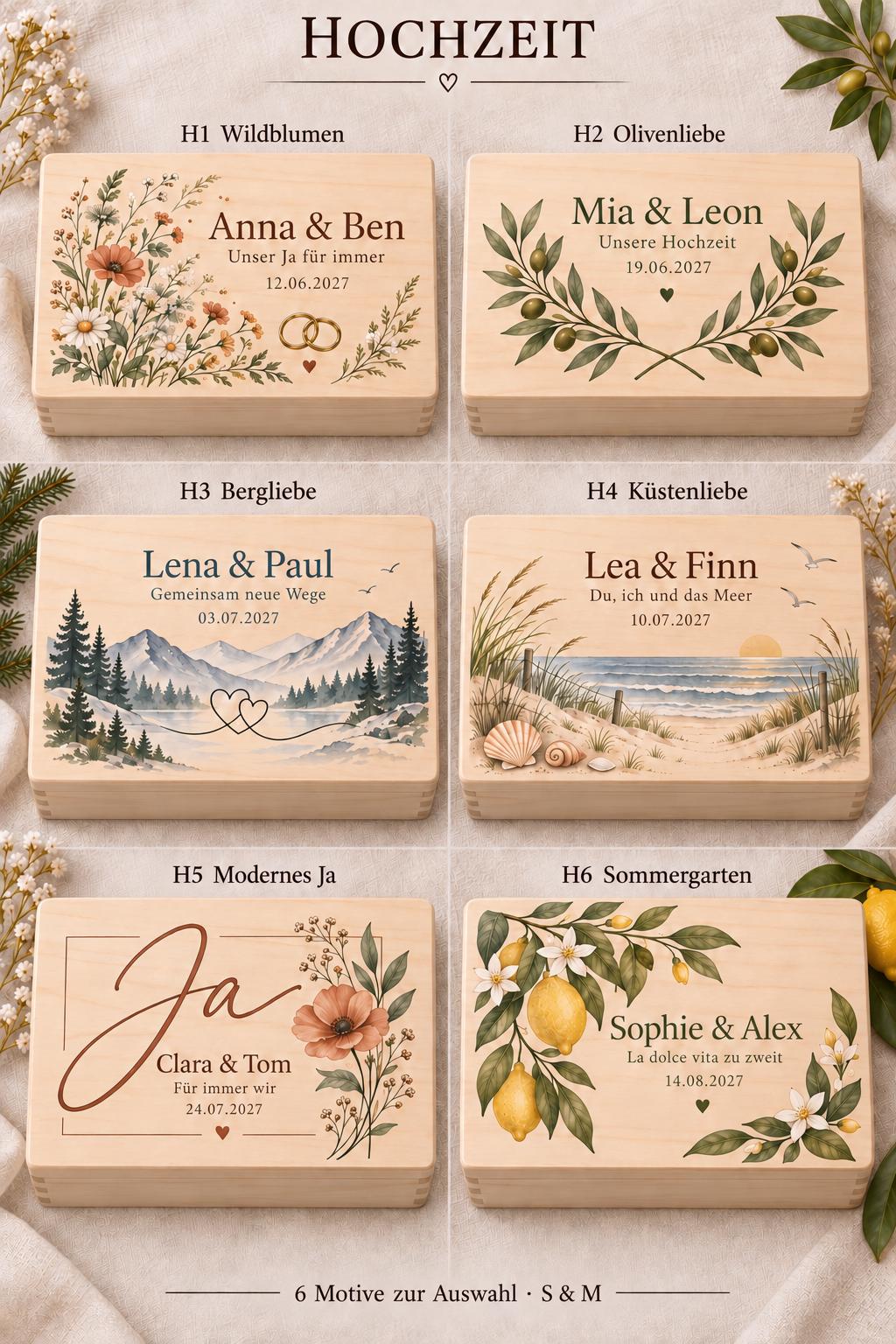 Hochzeit Erinnerungskiste personalisiert mit Namen und Datum | Olivenzweige | Hochzeitsgeschenk Brautpaar | Holzbox Geldgeschenk Standesamt