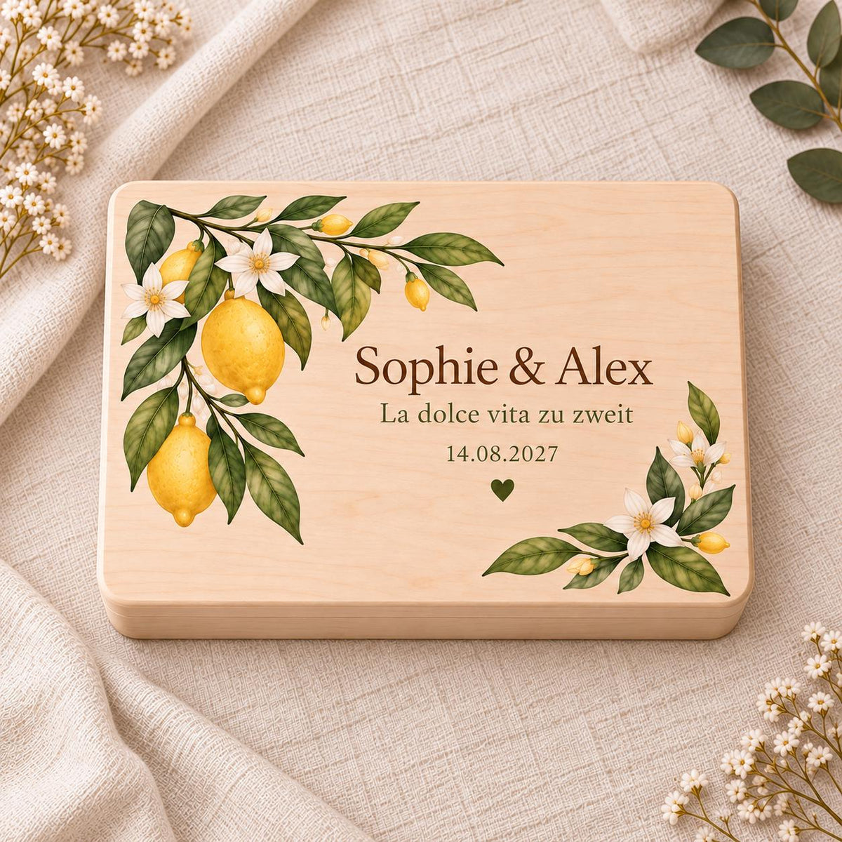 Hochzeit Erinnerungskiste personalisiert mit Namen und Datum | Zitronen und Blüten | Hochzeitsgeschenk Brautpaar | Geldgeschenk Sommer