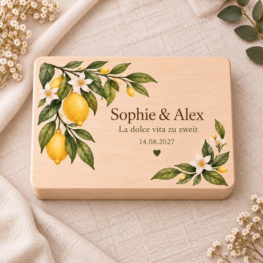 Hochzeit Erinnerungskiste personalisiert mit Namen und Datum | Zitronen und Blüten | Hochzeitsgeschenk Brautpaar | Geldgeschenk Sommer