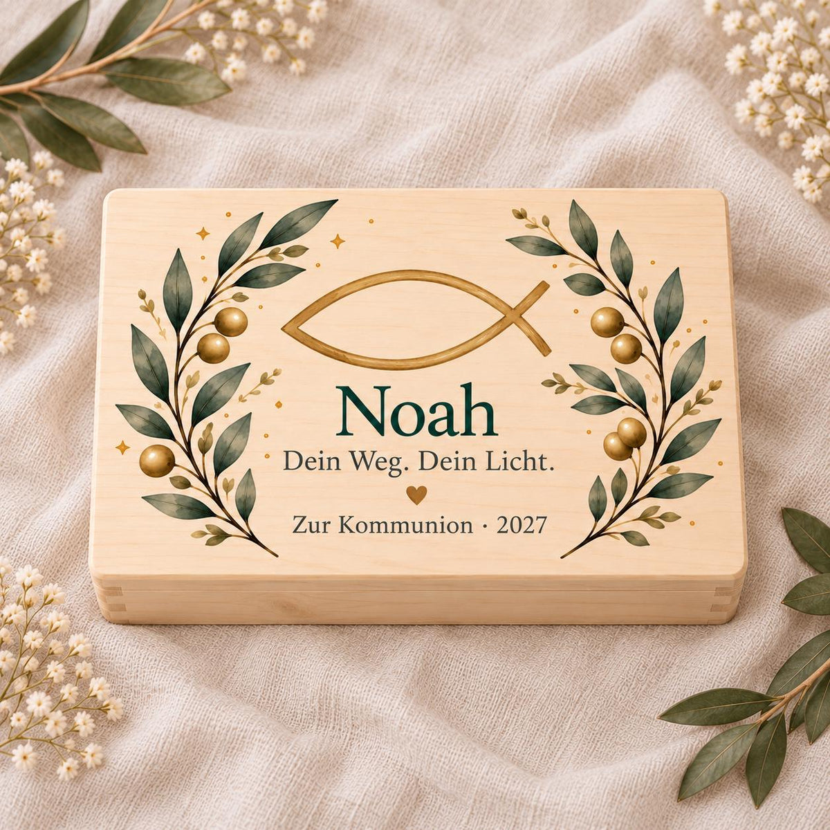 Kommunion Konfirmation Erinnerungskiste personalisiert mit Namen | Olivenfisch und Olivenzweige | Holzbox Geschenk von Paten | Junge Mädchen