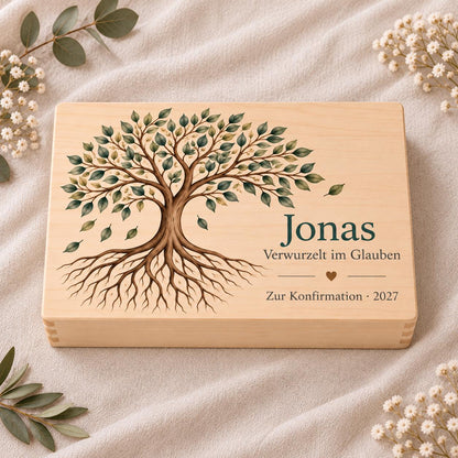 Kommunion Konfirmation Erinnerungskiste personalisiert mit Namen | Lebensbaum mit Wurzeln | Holzbox Geschenk von Paten | Junge Mädchen