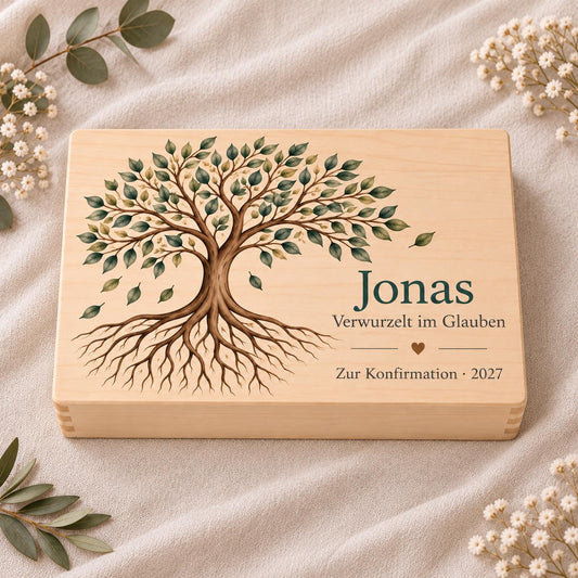 Kommunion Konfirmation Erinnerungskiste personalisiert mit Namen | Lebensbaum mit Wurzeln | Holzbox Geschenk von Paten | Junge Mädchen