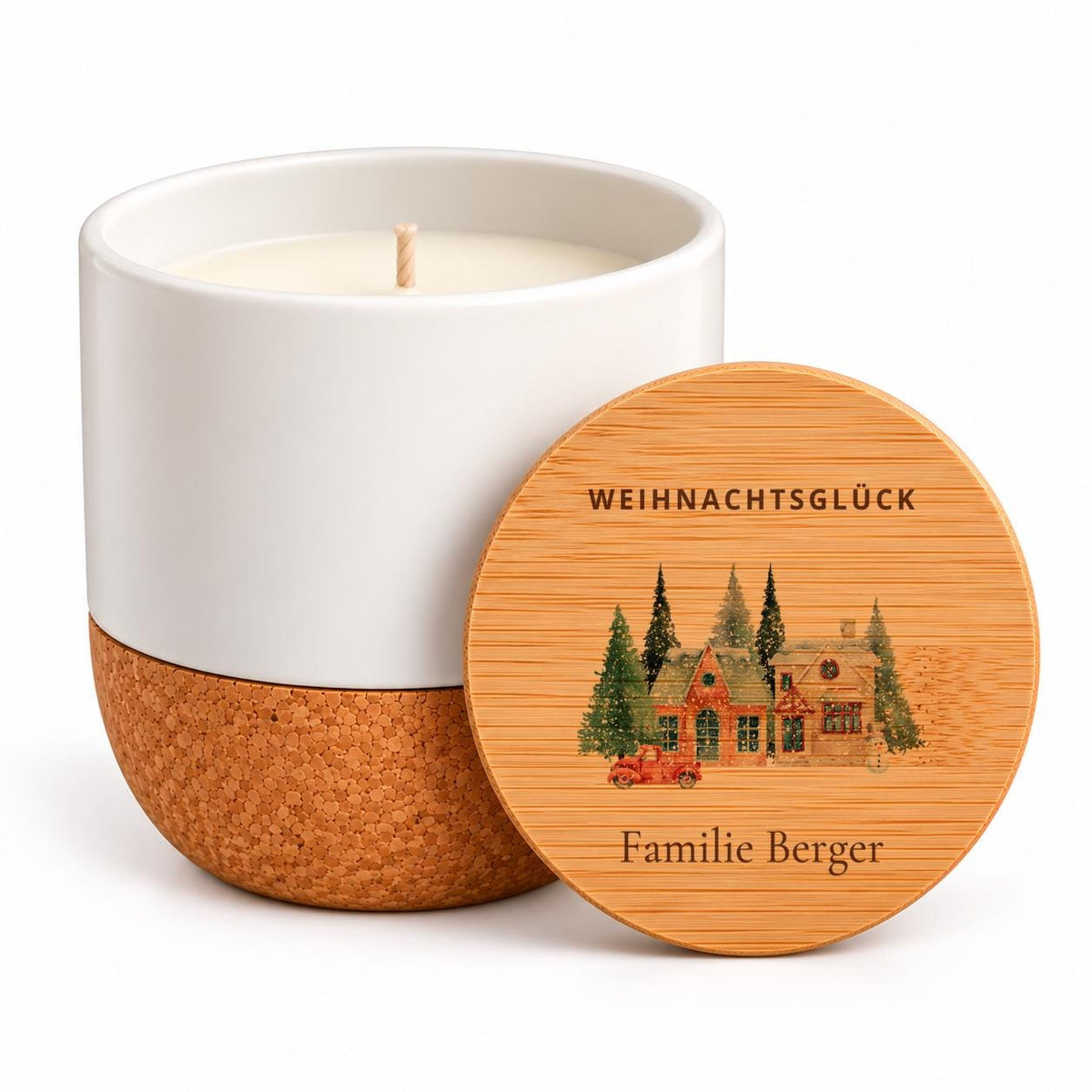 Personalisierte Duftkerze zu Weihnachten | Weihnachtsglück mit Familiennamen | Winterhäuser, Geschenk Familie | Vanille + Bambusdeckel