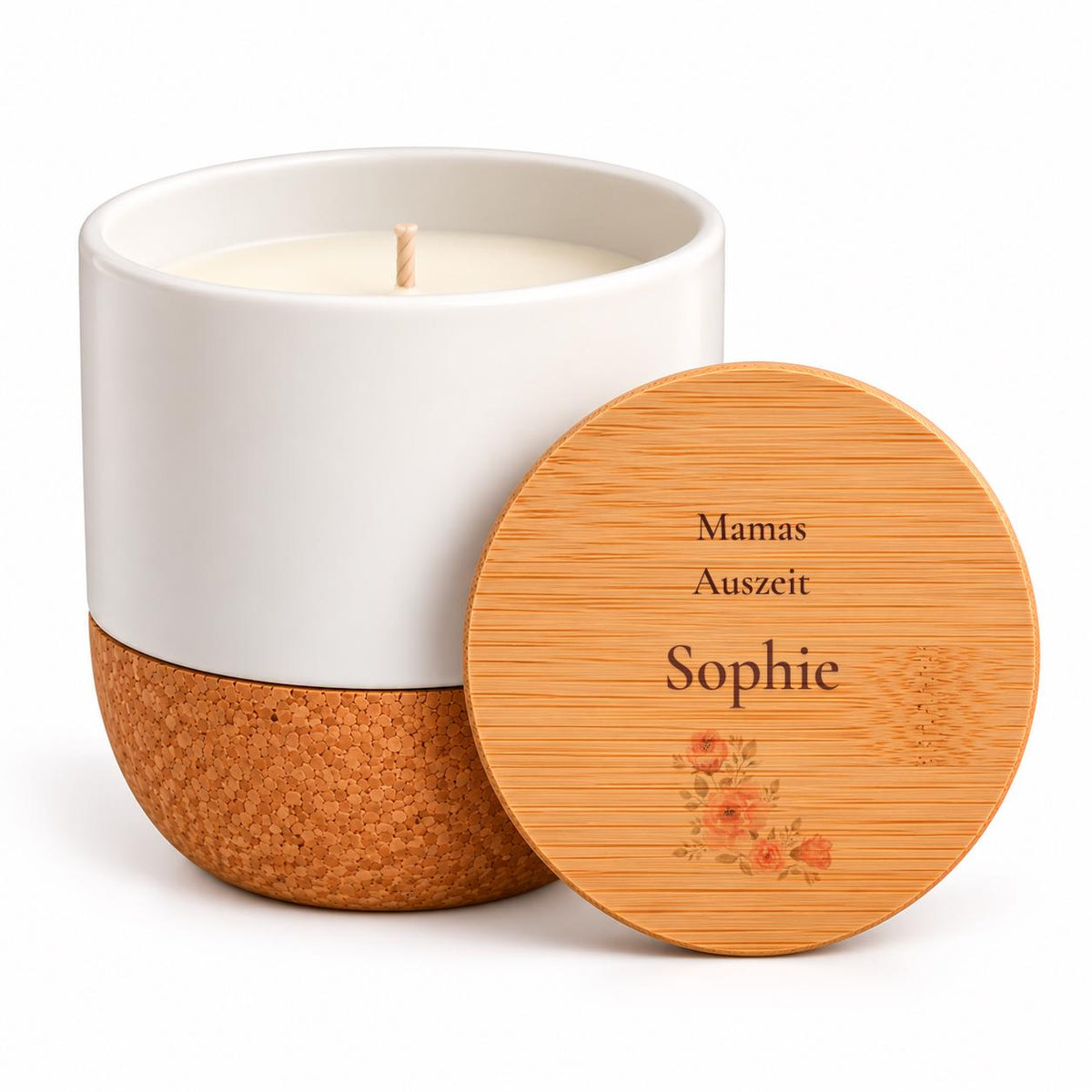 Personalisierte Duftkerze für Mama mit Namen | Mamas Auszeit | Muttertagsgeschenk + Geburtstag | Vanille, Keramik mit Kork + Bambusdeckel