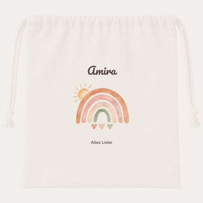 Geschenkbeutel mit Namen – personalisierte Geschenkverpackung zum Kindergeburtstag für Mädchen und Jungen, Boho Regenbogen Beutel Sack