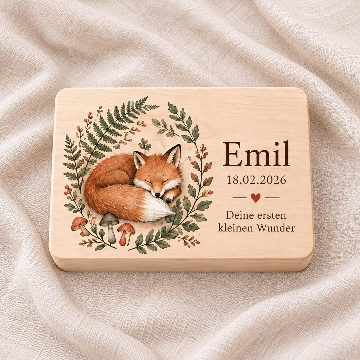Geschenk zur Geburt für Baby Junge Mädchen | Personalisierte Erinnerungskiste mit Namen und Datum | Fuchs Waldmotiv | Holzbox Babyandenken