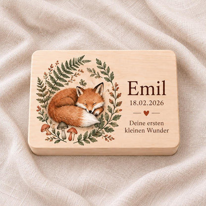 Geschenk zur Geburt für Baby Junge Mädchen | Personalisierte Erinnerungskiste mit Namen und Datum | Fuchs Waldmotiv | Holzbox Babyandenken