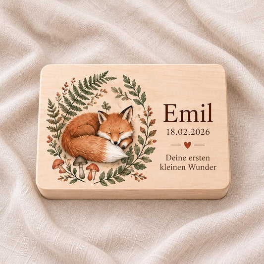 Geschenk zur Geburt für Baby Junge Mädchen | Personalisierte Erinnerungskiste mit Namen und Datum | Fuchs Waldmotiv | Holzbox Babyandenken