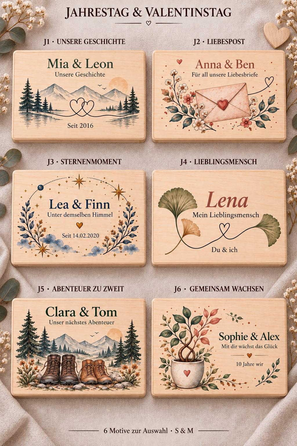 Jahrestag Erinnerungskiste personalisiert mit Namen | Liebesbrief und Blumen | Valentinstag Geschenk für Partner | Holzbox Freundin Freund