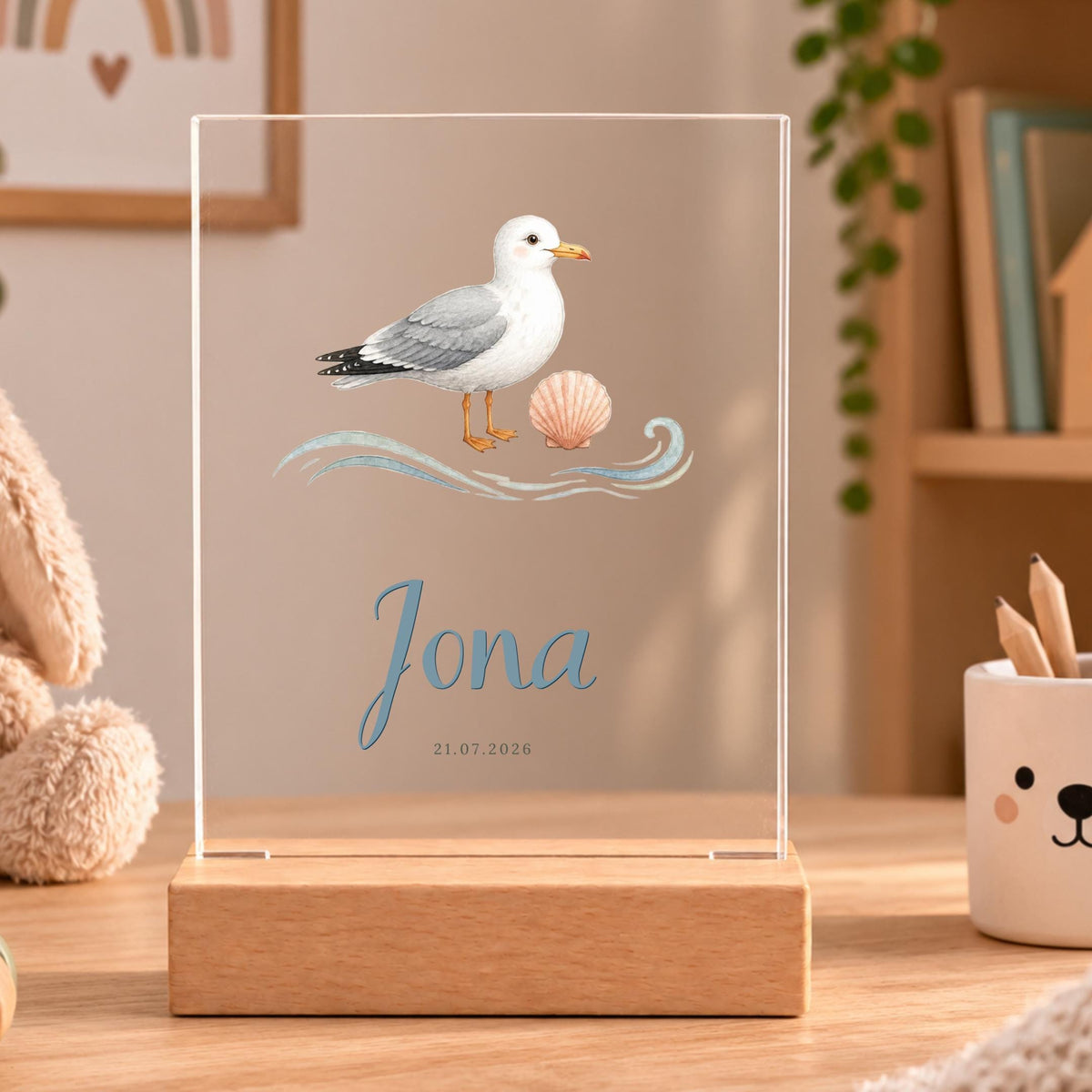 Personalisiertes Nachtlicht rechteckig, Möwe mit Muschel, LED Acryl mit Holzsockel, Kinderzimmer, Geschenk Geburt Taufe Geburtstag