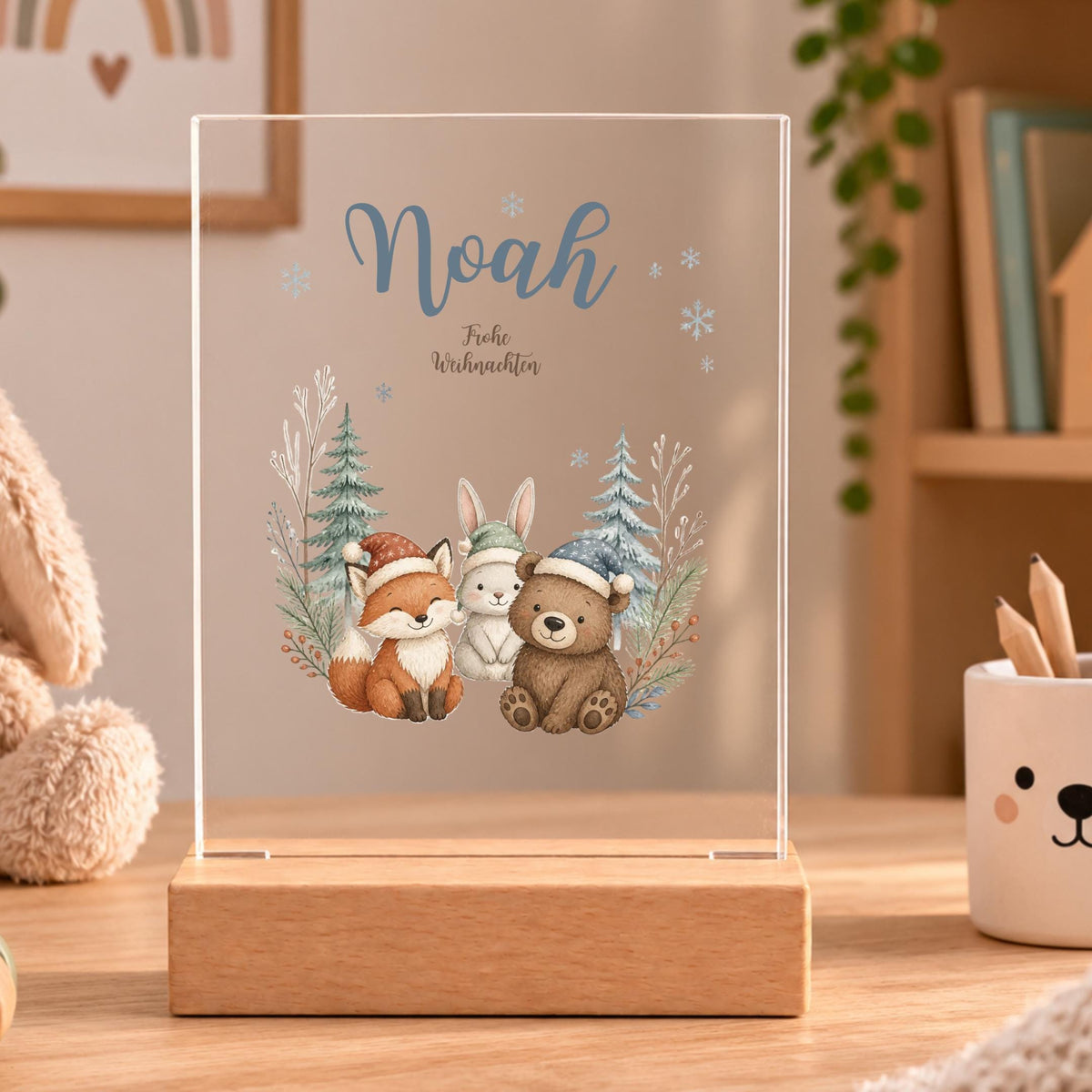 Personalisiertes Nachtlicht rechteckig, Winterwaldtiere, LED Acryl mit Holzsockel, Kinderzimmer, Weihnachtsgeschenk für Kinder