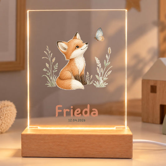 Personalisiertes Nachtlicht rechteckig, Fuchs mit Blumen, LED Acryl mit Holzsockel, Kinderzimmer, Geschenk Geburt Taufe Geburtstag