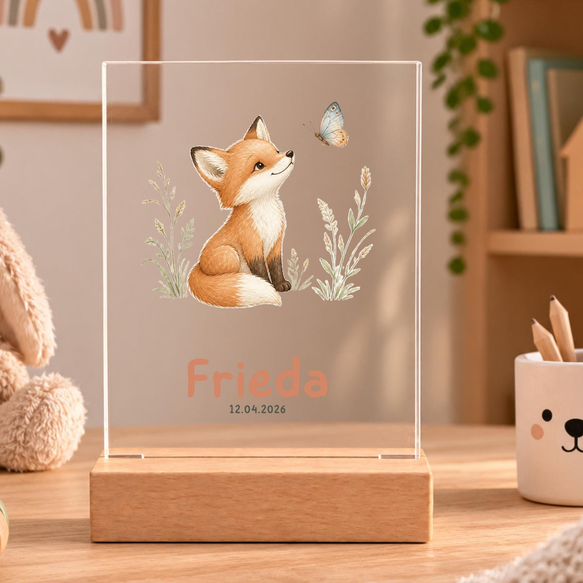 Personalisiertes Nachtlicht rechteckig, Fuchs mit Blumen, LED Acryl mit Holzsockel, Kinderzimmer, Geschenk Geburt Taufe Geburtstag