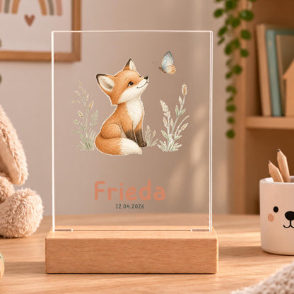 Personalisiertes Nachtlicht rechteckig, Fuchs mit Blumen, LED Acryl mit Holzsockel, Kinderzimmer, Geschenk Geburt Taufe Geburtstag